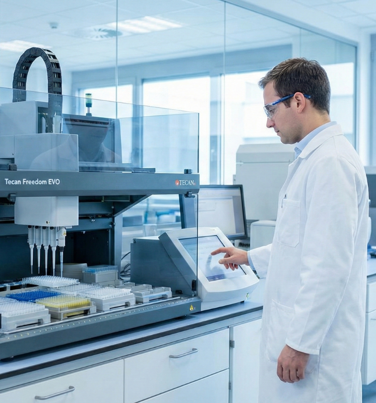 Znanstvenik v laboratoriju med testiranjem kakovosti in čistosti prehranskih dopolnil Coral Club.