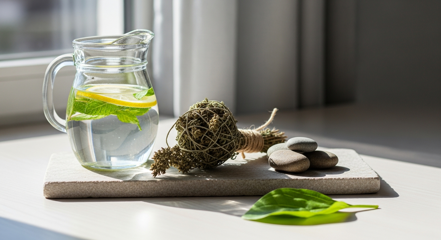 Vrč sveže vode z limono in mento ob dzen kamnih za zdrav jutranji ritual hidracije.