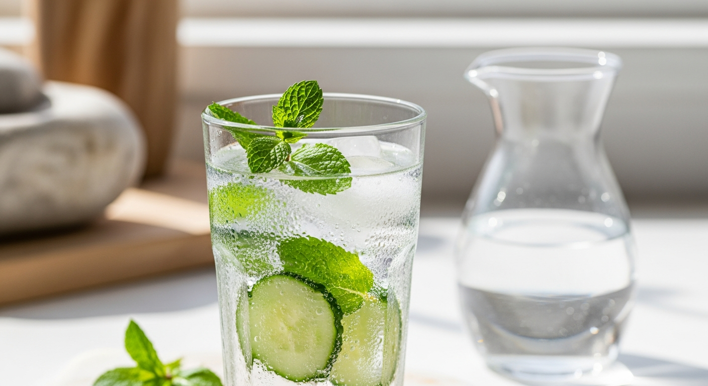 Kozarec hladne vode s kumarami in svežo mento za naravno osvežitev telesa