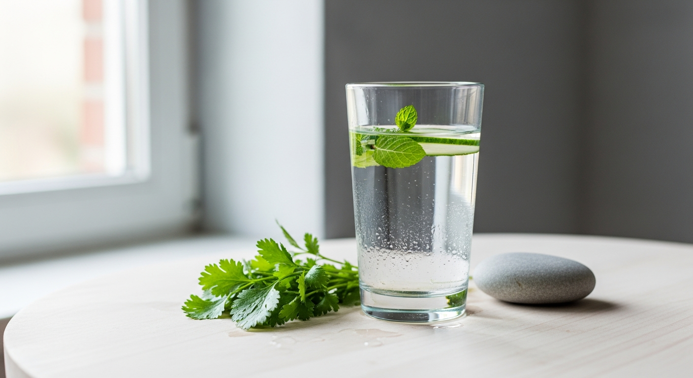 Kozarec osvežilne vode s kumaro in mento ob oknu za zdrav začetek dneva