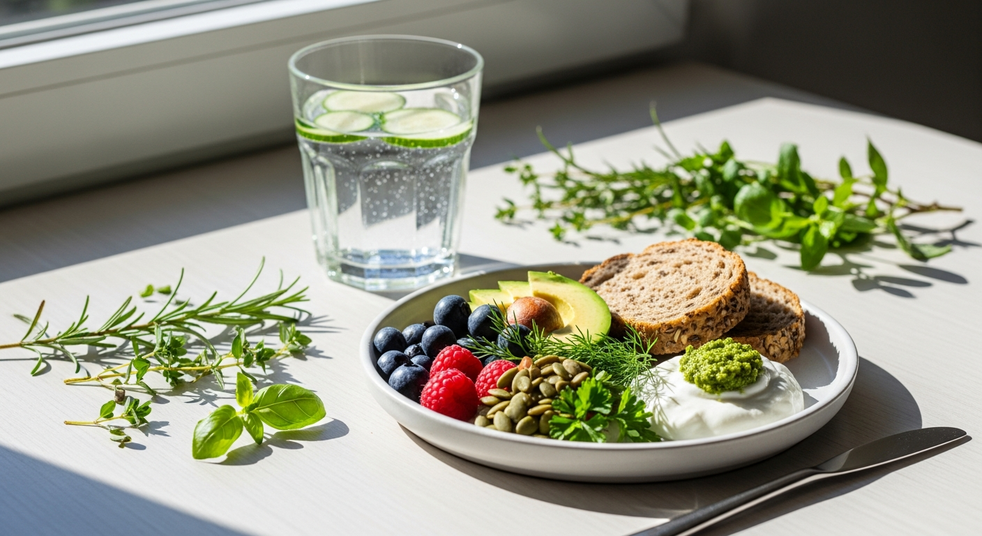 Uravnotežen obrok za celično prehrano z avokadom, jagodičevjem in semeni za več energije