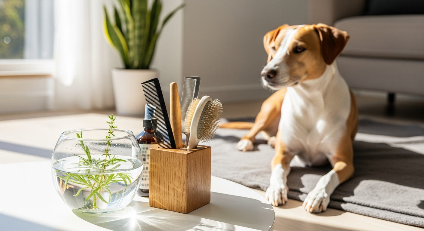 Naravna nega hišnih ljubljenčkov s krtačami in zeliščno vodo v zdravem domu