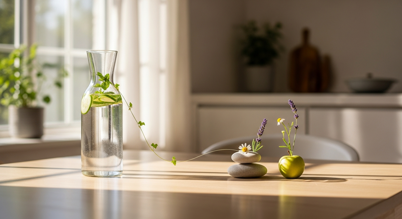 Vrč sveže vode in naravni elementi, ki simbolizirajo celostno ravnovesje in zdravje