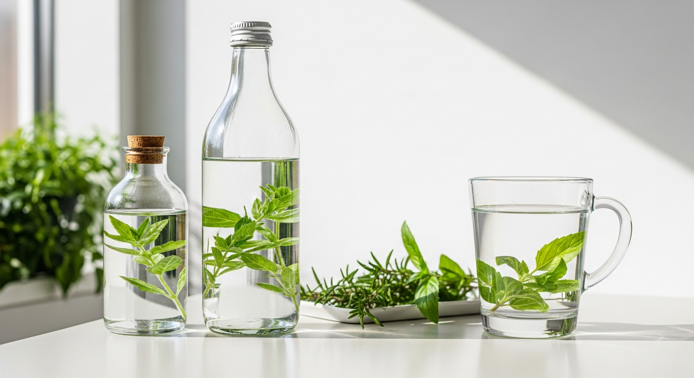 Steklenice in kozarec čiste vode s svežo meto in rožmarinom za naravno hidracijo in razstrupljanje