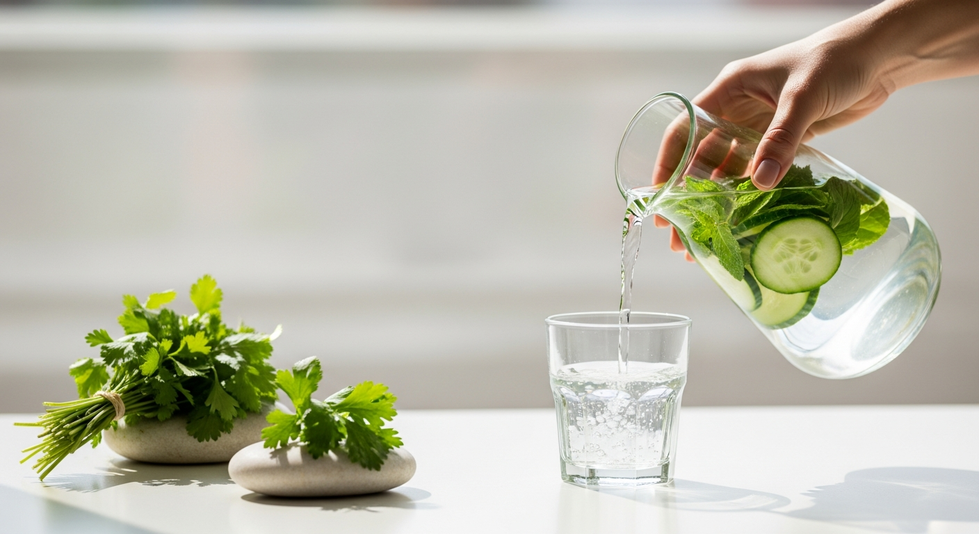 Točenje sveže vode s kumaro in zelišči za naravno hidracijo in razstrupljanje