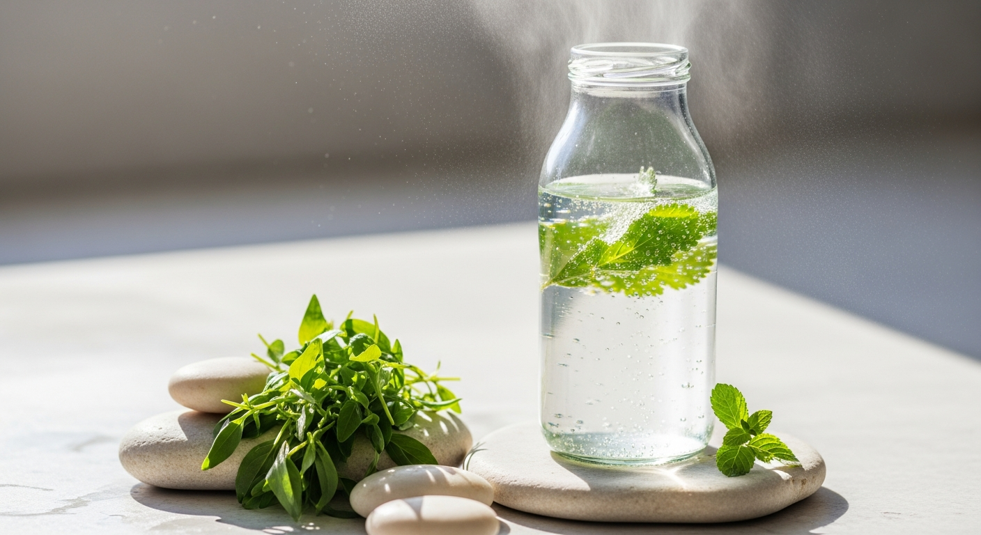 Steklenička čiste vode z zelišči za naravno hidracijo telesa