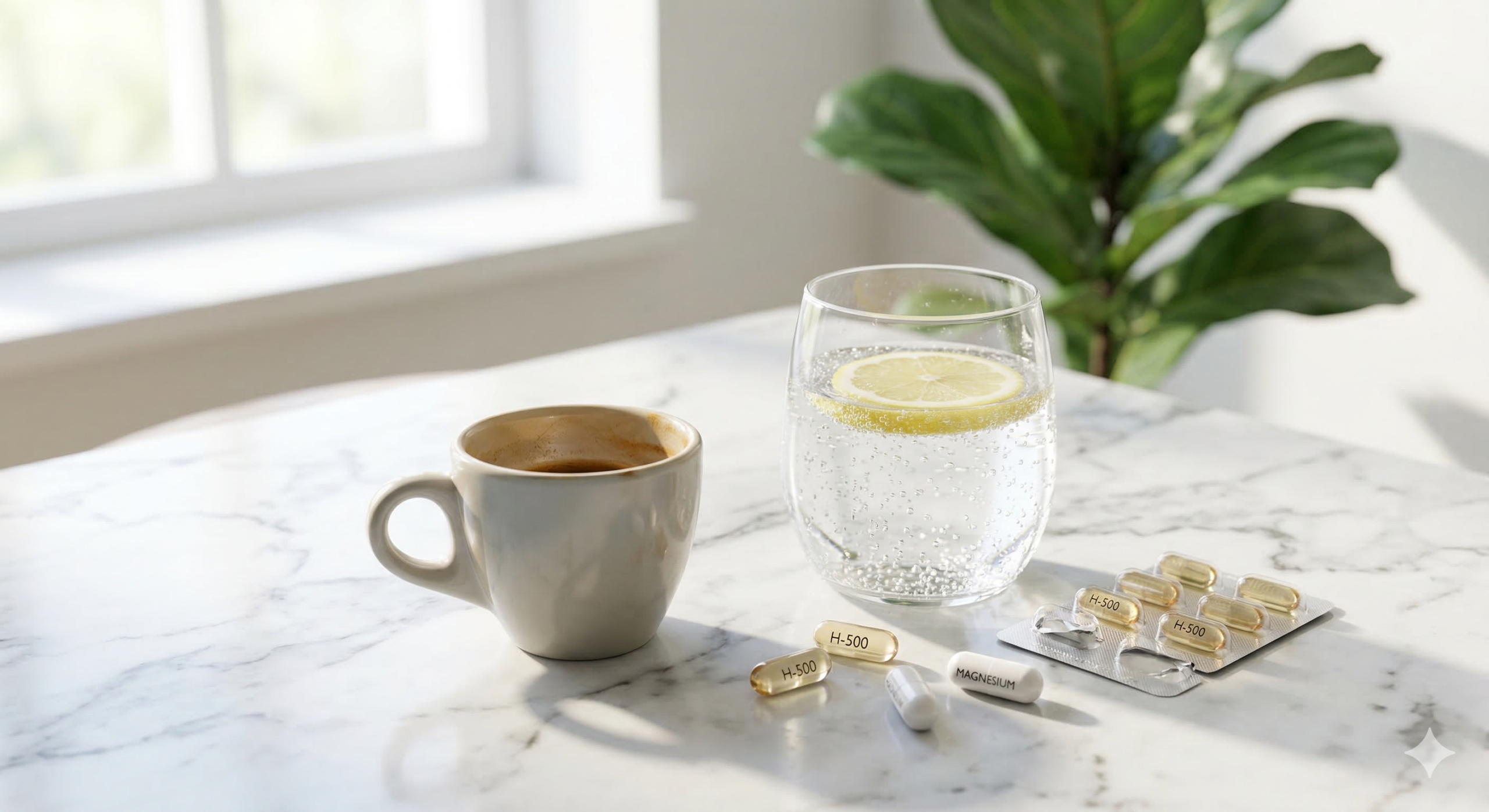 Skodelica kave, kozarec mineralne vode z limono in wellness kapsule na marmorni podlagi.