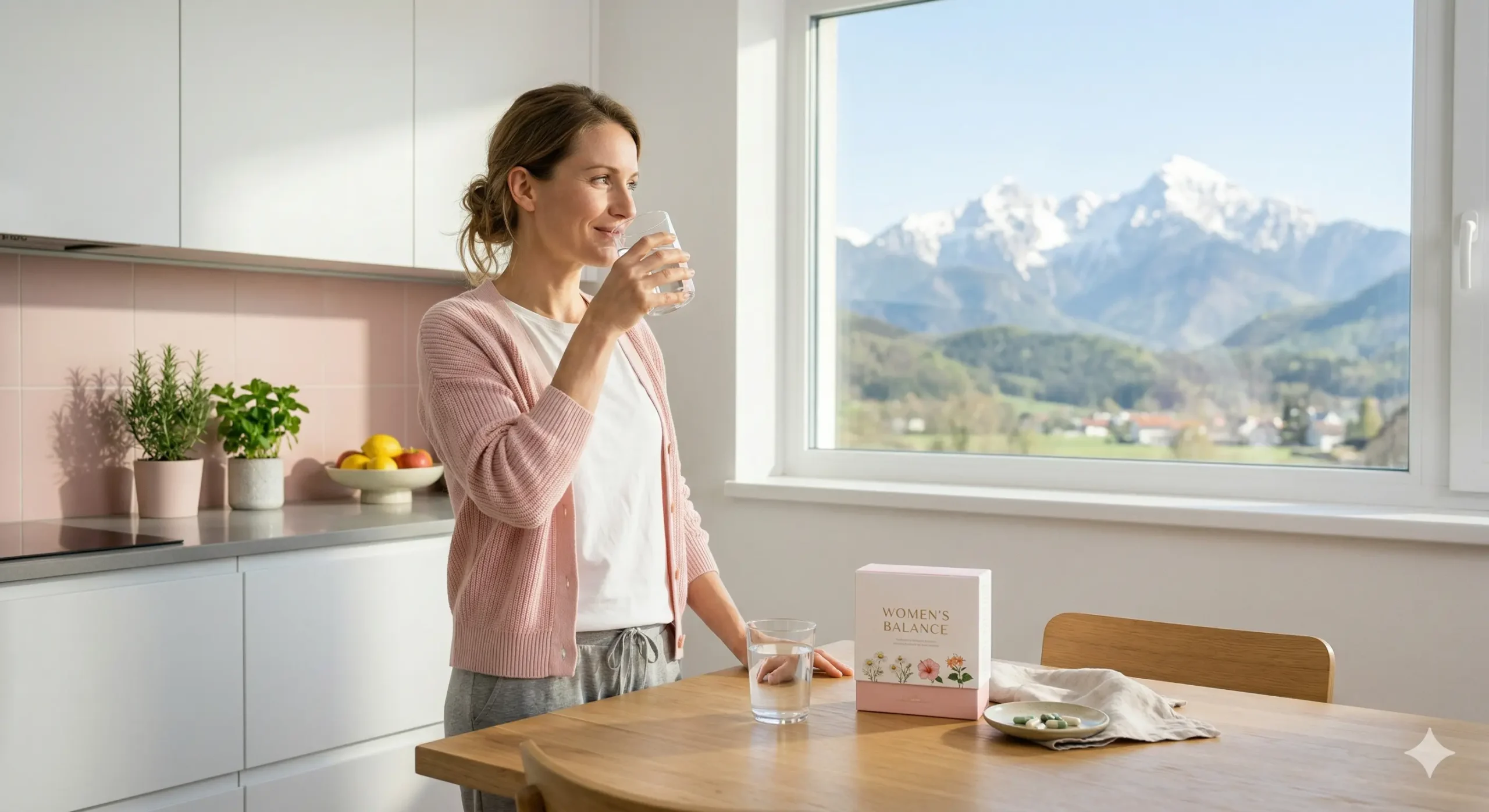 Zdrava ženska pije vodo v moderni kuhinji s pogledom na slovenske Alpe in dopolnilom Women's Balance.