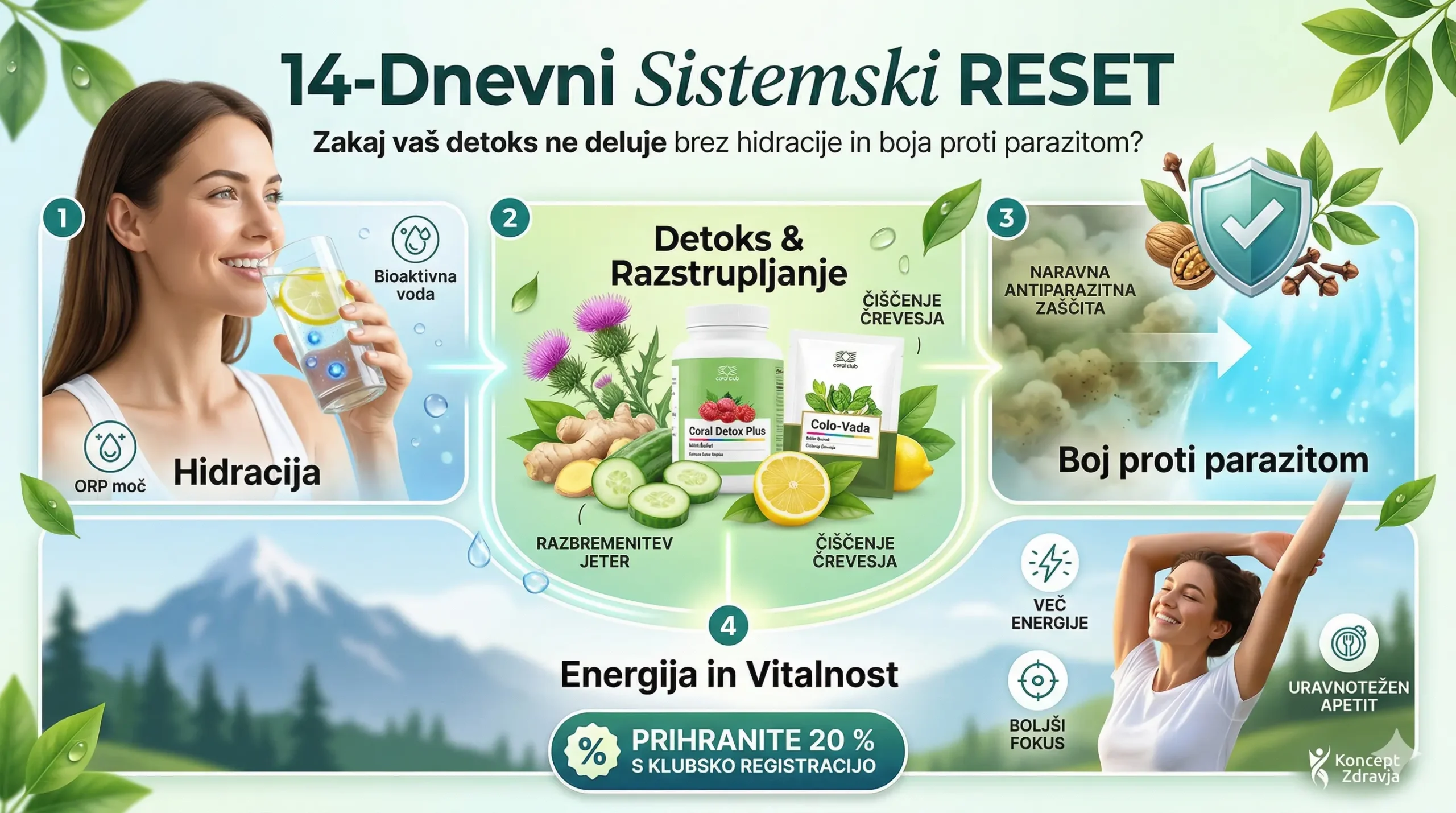 nfografika za 14-dnevni sistemski RESET hidracija, detoksikacija, boj proti parazitom in vitalnost celic