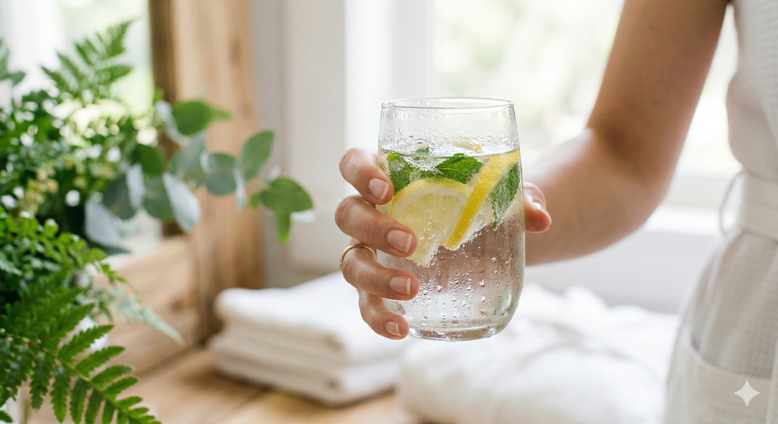 Ženska roka drži kozarec sveže vode z limono in minto v svetlem wellness ambientu