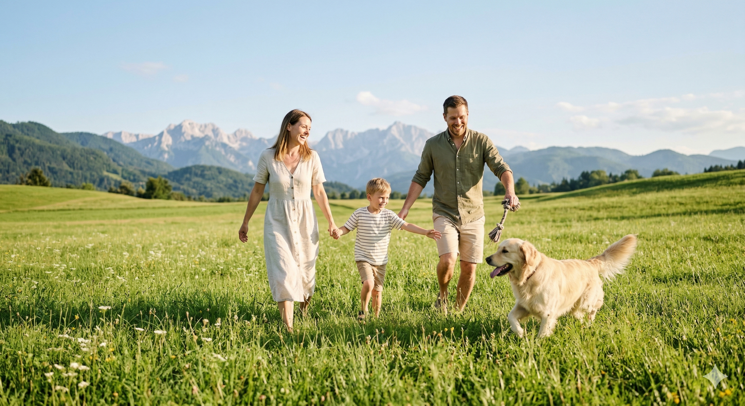 Srečna družina z otrokom in zlatim prinašalcem na sončnem zelenem travniku v Sloveniji z gorami v ozadju.