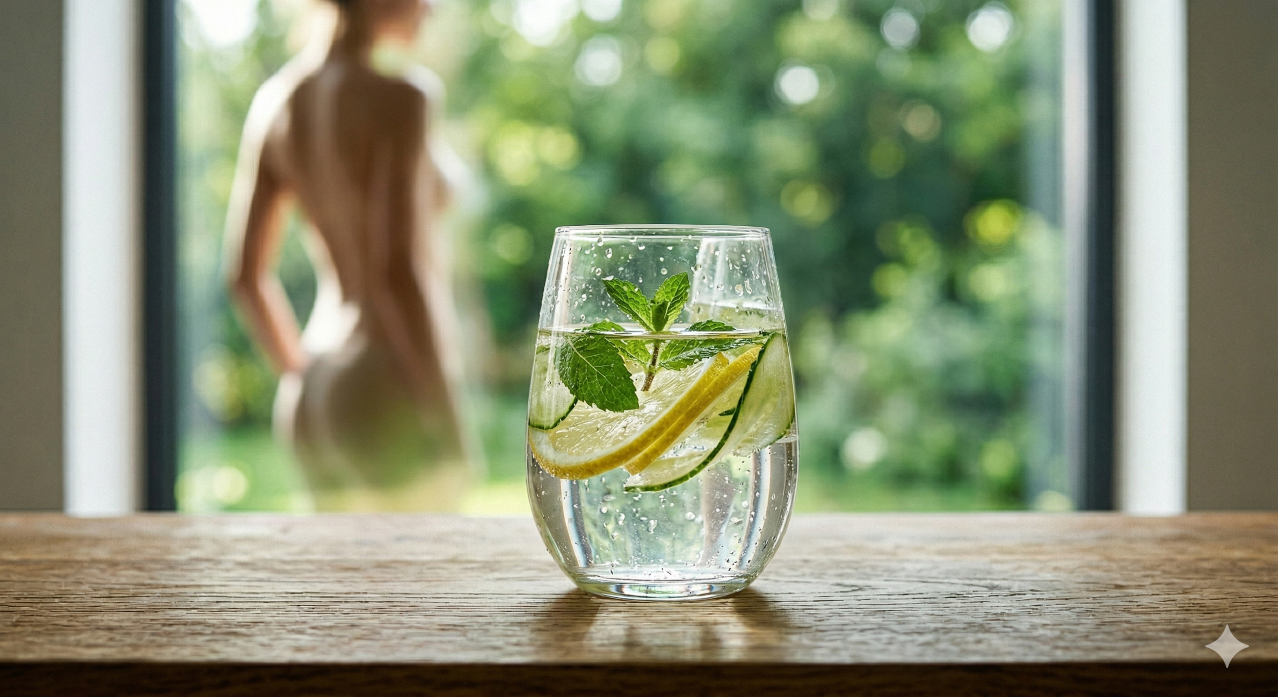 Osvežilna voda z rezinami limone, svežo meto in kumaro v steklenem kozarcu na leseni mizi.