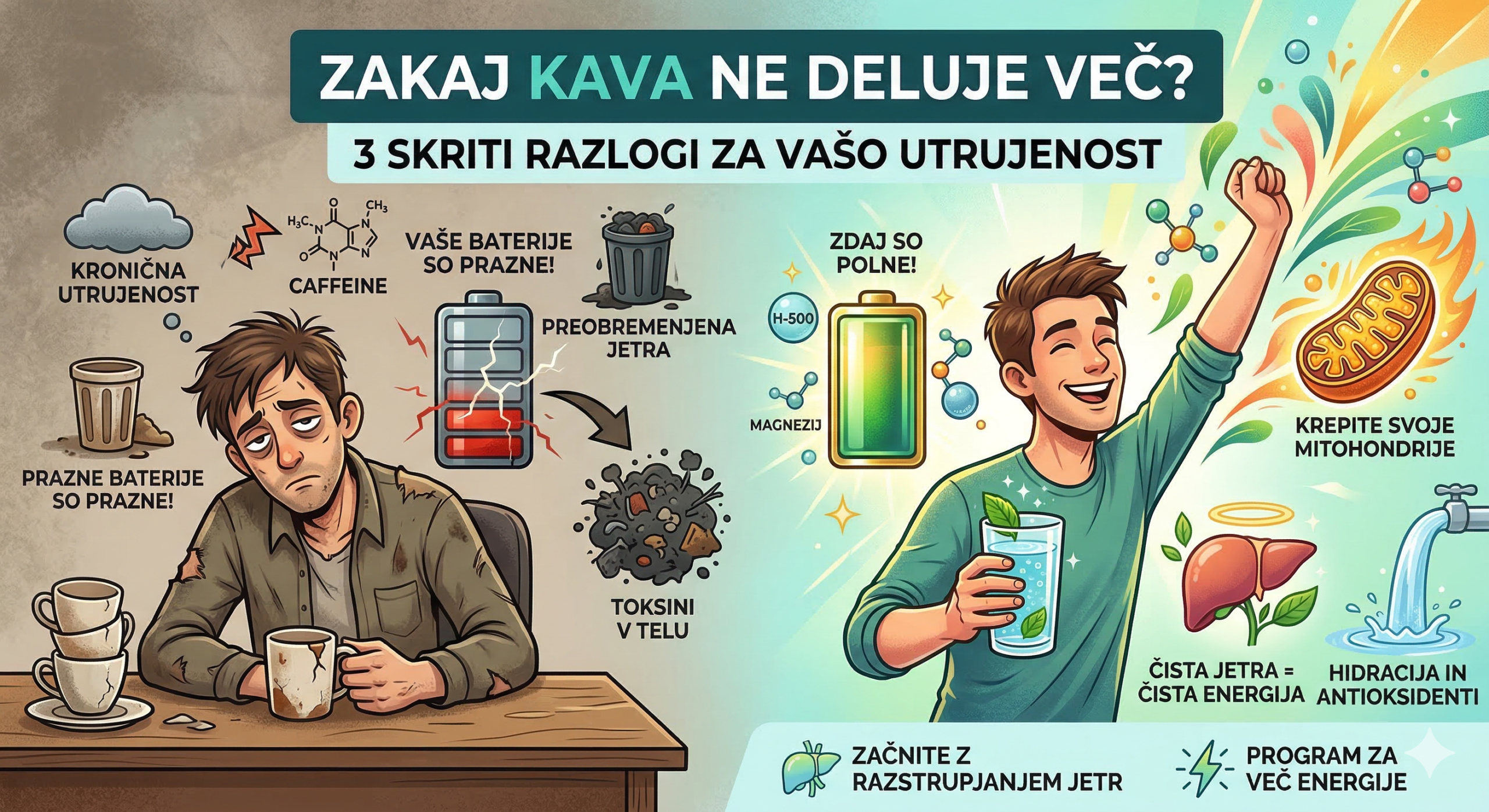 Primerjava utrujene osebe z izpraznjeno baterijo zaradi kofeina in energične osebe z zdravimi jetri in mitohondriji.