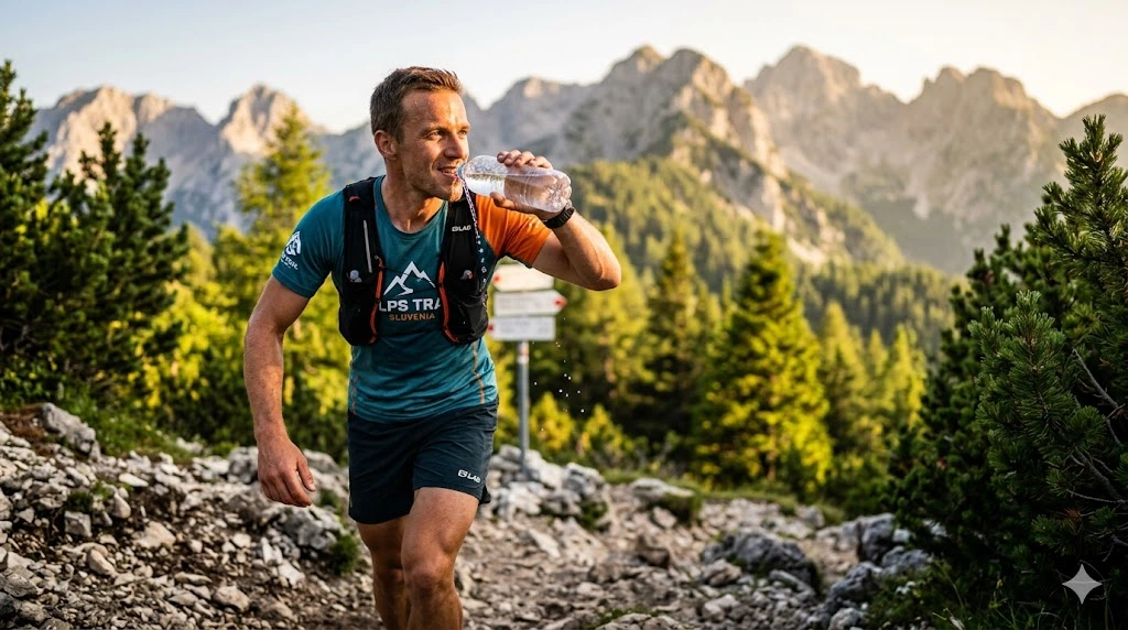 Gorski tekač v slovenskem hribovju pije optimizirano vodo za hitro regeneracijo