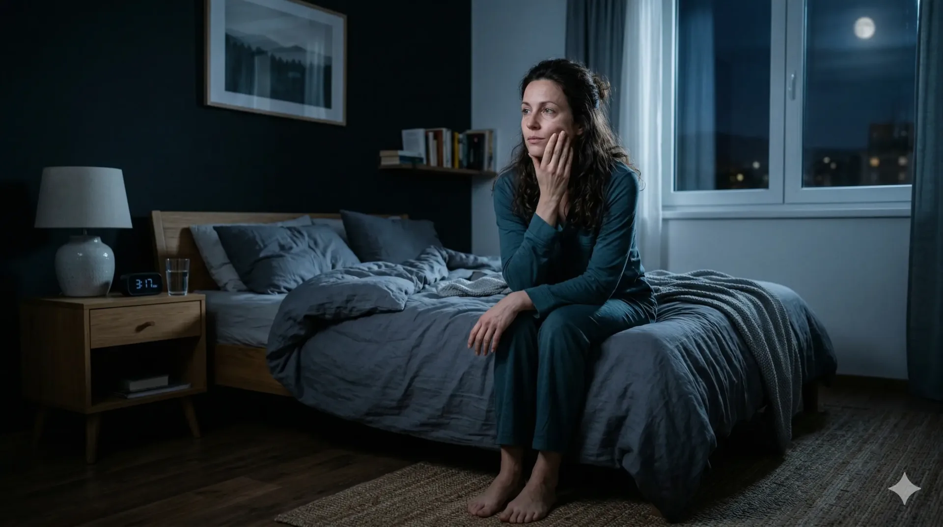 Sredi noči v Ljubljani: Ženska, preplavljena z mislimi in nespečnostjo, se zazre skozi okno, obsijano z mesečino.