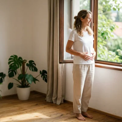 Fit Slovenka v tridesetih letih v lanenih hlačah stoji ob oknu z rokami na ravnem trebuhu, simbolizira zdravje in udobje.