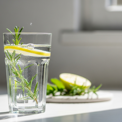 Kozarec čiste žive vode z limono in rožmarinom za optimalno hidracijo telesa