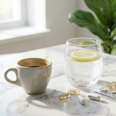 Skodelica kave, kozarec mineralne vode z limono in wellness kapsule na marmorni podlagi.