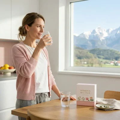 Zdrava ženska pije vodo v moderni kuhinji s pogledom na slovenske Alpe in dopolnilom Women's Balance.