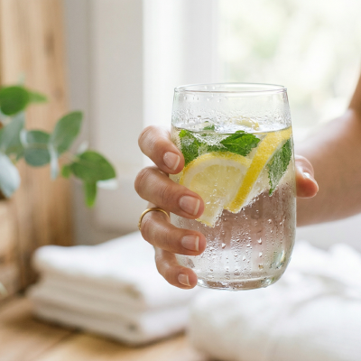 Ženska roka drži kozarec sveže vode z limono in minto v svetlem wellness ambientu