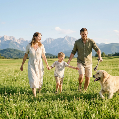 Srečna družina z otrokom in zlatim prinašalcem na sončnem zelenem travniku v Sloveniji z gorami v ozadju.