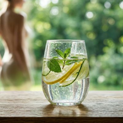 Osvežilna voda z rezinami limone, svežo meto in kumaro v steklenem kozarcu na leseni mizi.