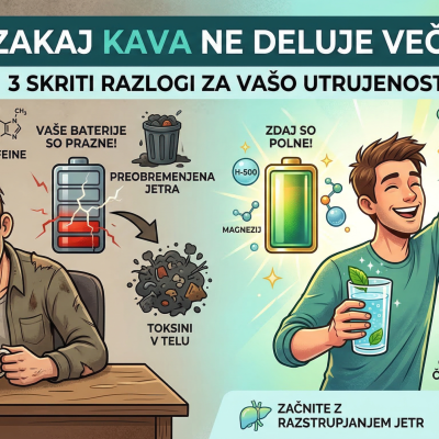 Primerjava utrujene osebe z izpraznjeno baterijo zaradi kofeina in energične osebe z zdravimi jetri in mitohondriji.