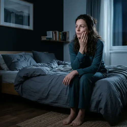 Sredi noči v Ljubljani: Ženska, preplavljena z mislimi in nespečnostjo, se zazre skozi okno, obsijano z mesečino.